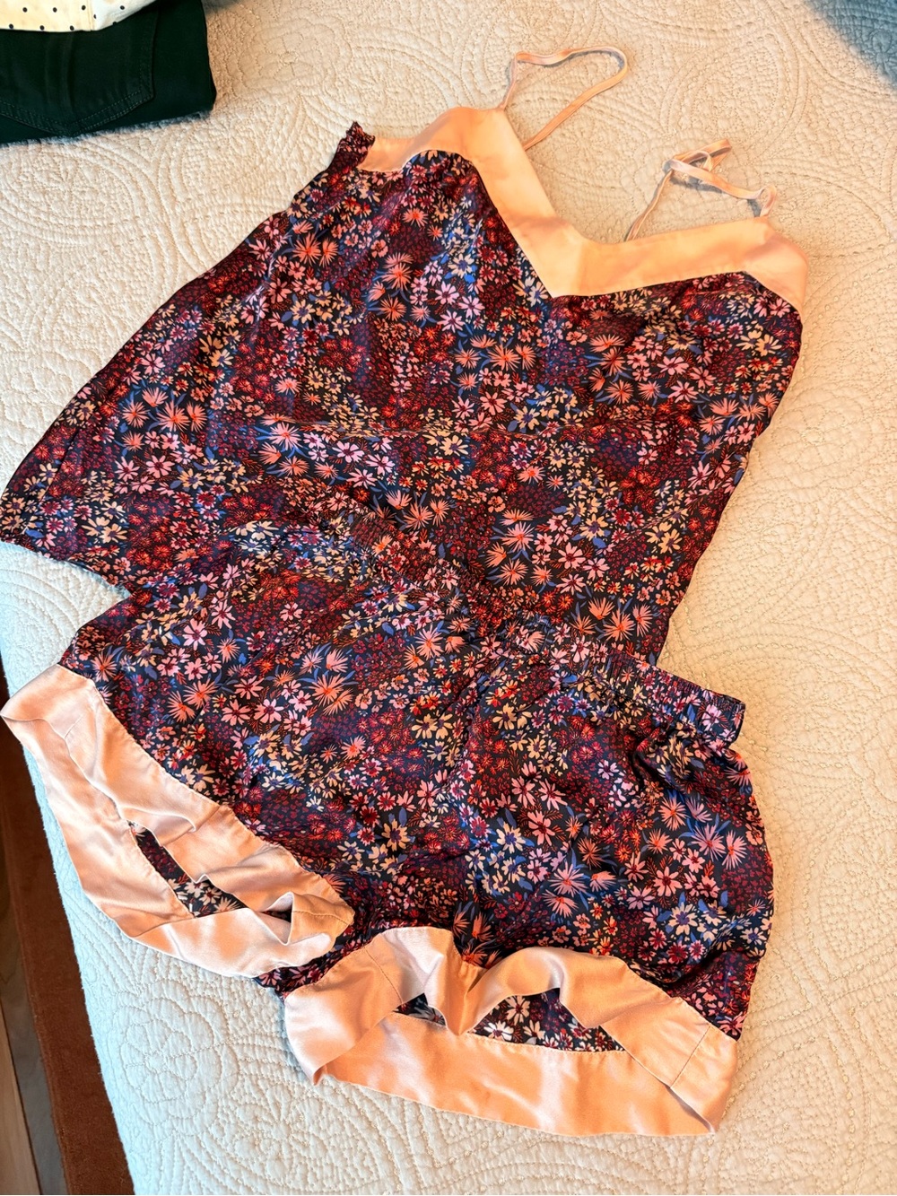 Neiman Marcus Navy Floral Satin-Trim Camisole & Shorts Set